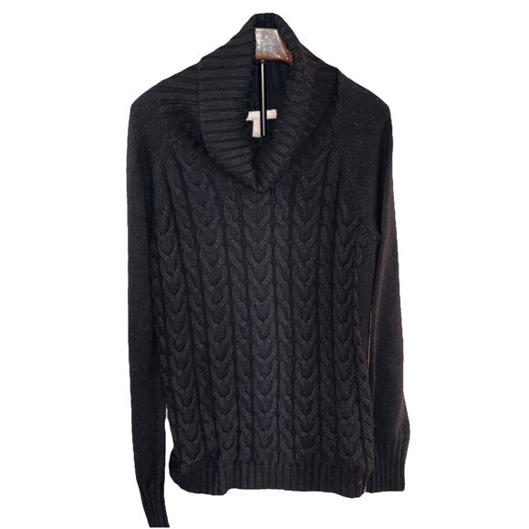 Banana Republic Sweater L Black Wool Chunky Fisherman Cable Knit Turtleneck - Picture 1 of 8